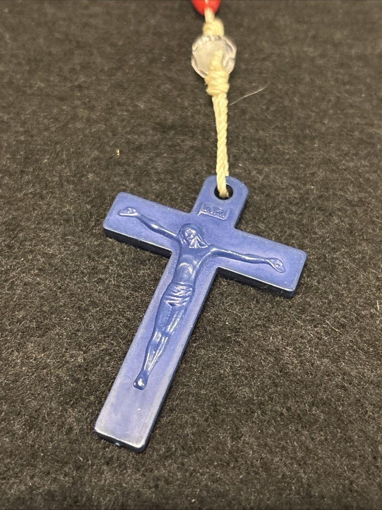 Vintage Red, White And Blue Plastic Rosary Beads Hand Knotted 17”
