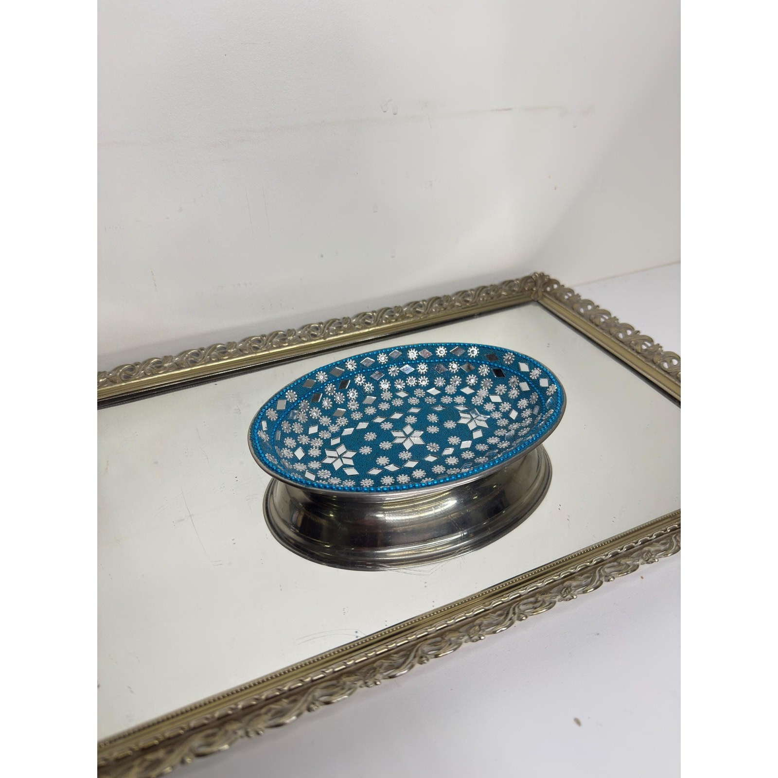 Vintage India Blue and Silver Mirroed Mosiac Tray for trinkets and jewelry