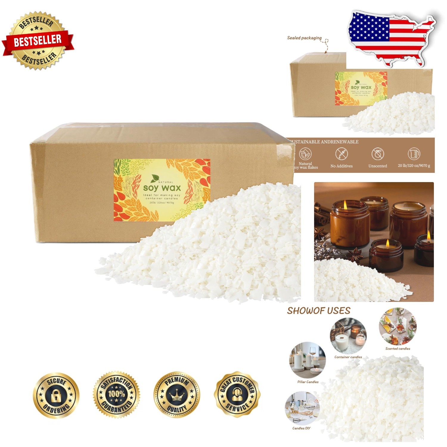 Bulk 20lb Natural Soy Wax for Candle Making - Easy Melt Unscented Flakes for ...