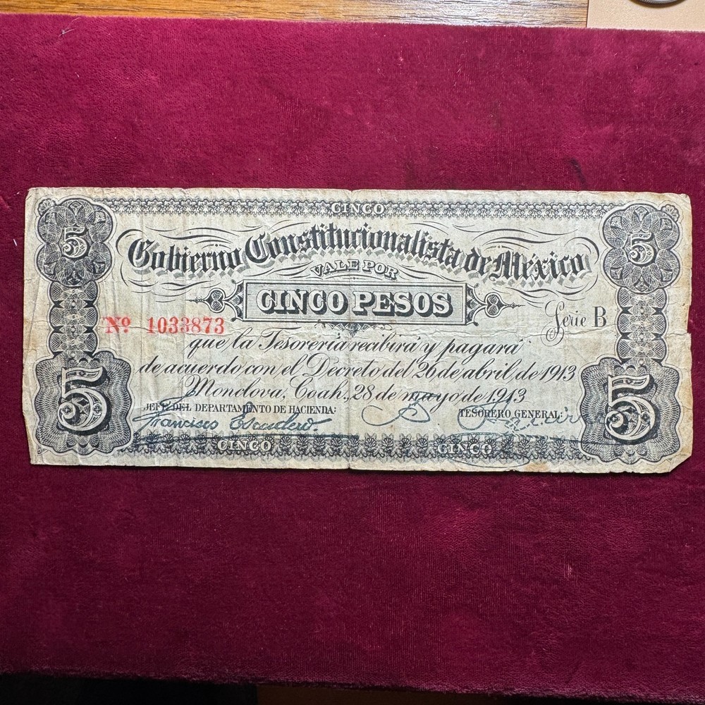 1913 Mexico 5 Pesos Note 33873