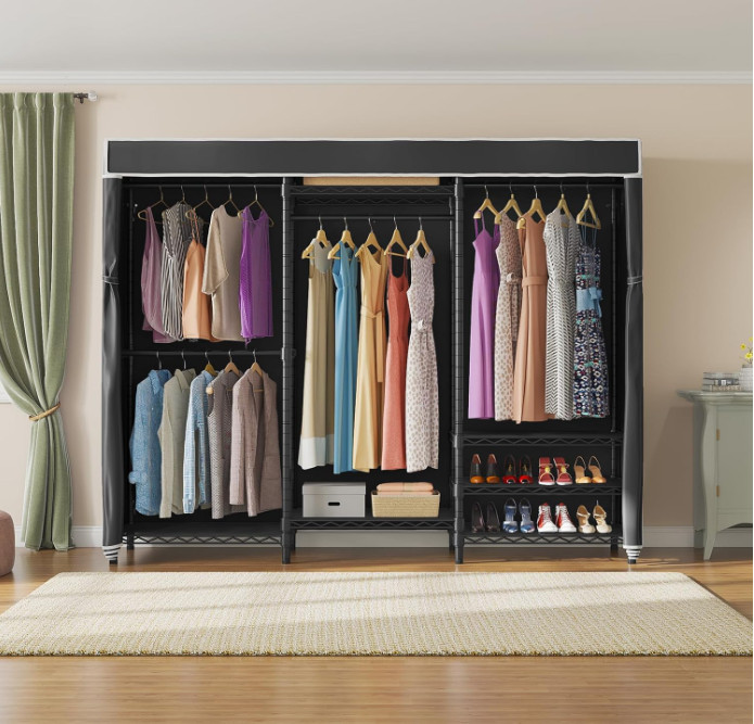 Perchero portátil de alta resistencia con funda negra, armario independiente aju