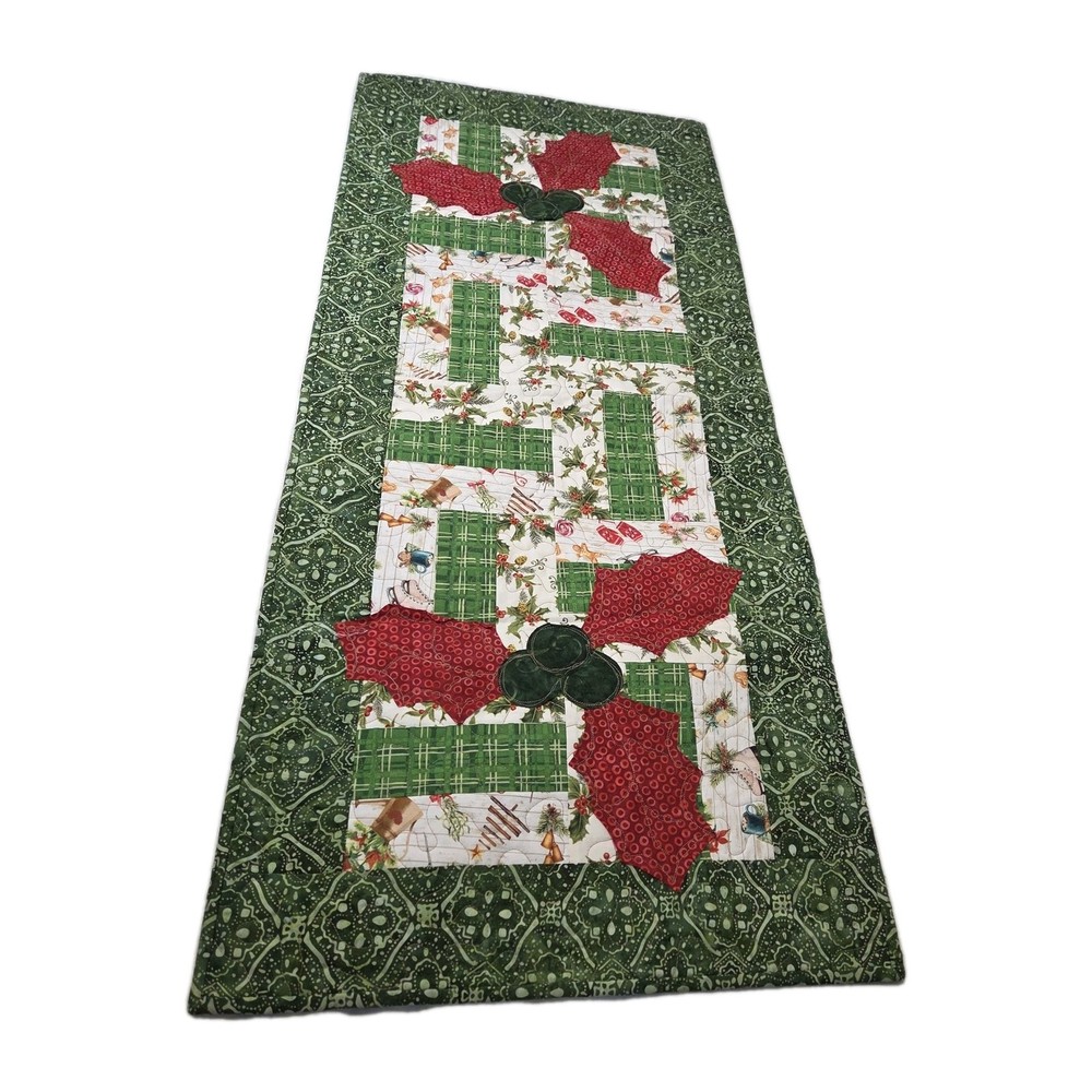 Handmade Quilted Christmas Table Topper Set w/ Runner Holly Patchwork Holiday