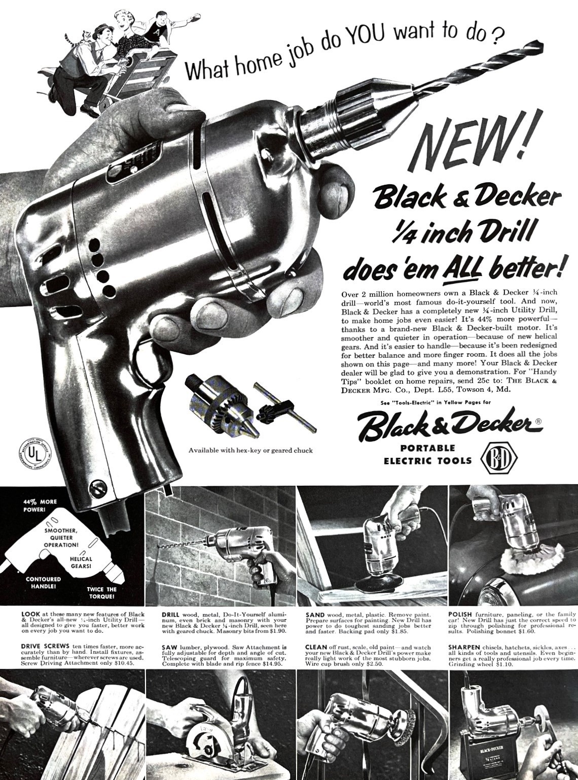 1955 BLACK & DECKER DRILL Genuine Vintage Print Ad Tool 10" x 14"