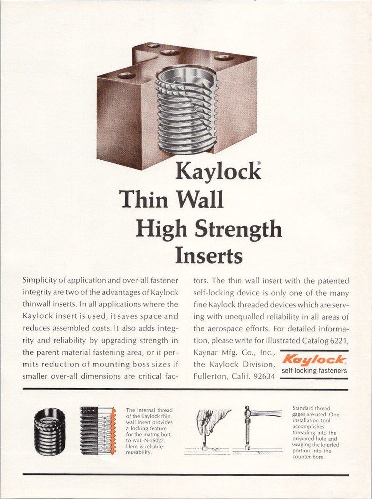 Kaylock Thin Wall High Strength Inserts 1966 Vintage Print Ad
