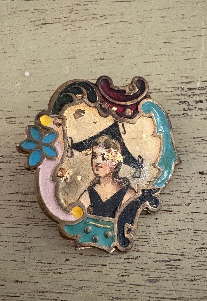 Antique 1800s Brass Champleve Enamel Portrait BUTTON