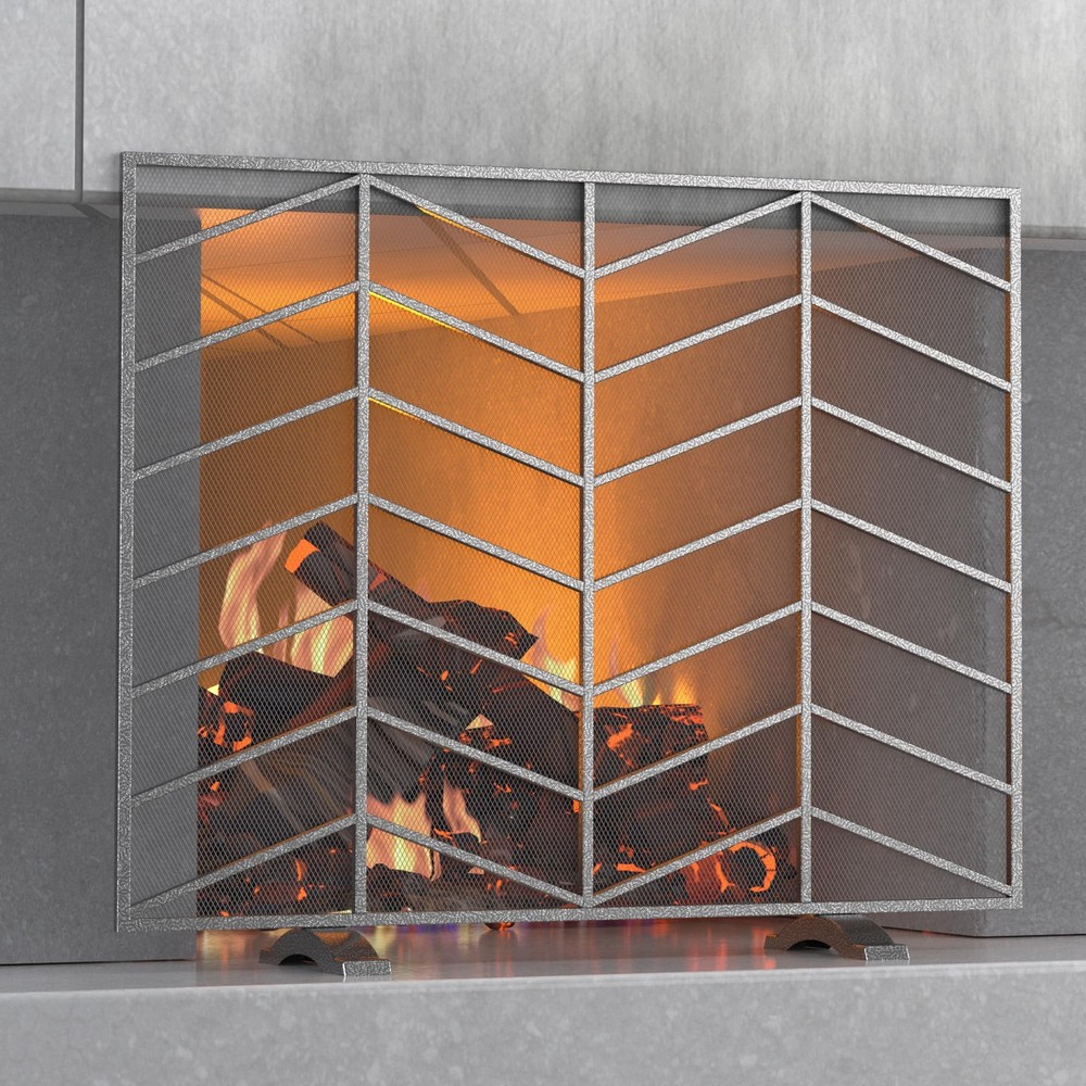 Single Panel Handcrafted Wrought Iron Mesh Chevron Fireplace Screen, Fire Spa...