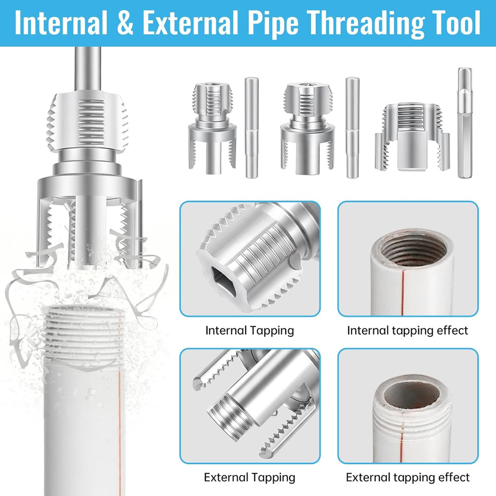 3PCS Integrated PVC Pipe Threader Tool 1/2" 3/4" 1" Dual-Function Internal Water
