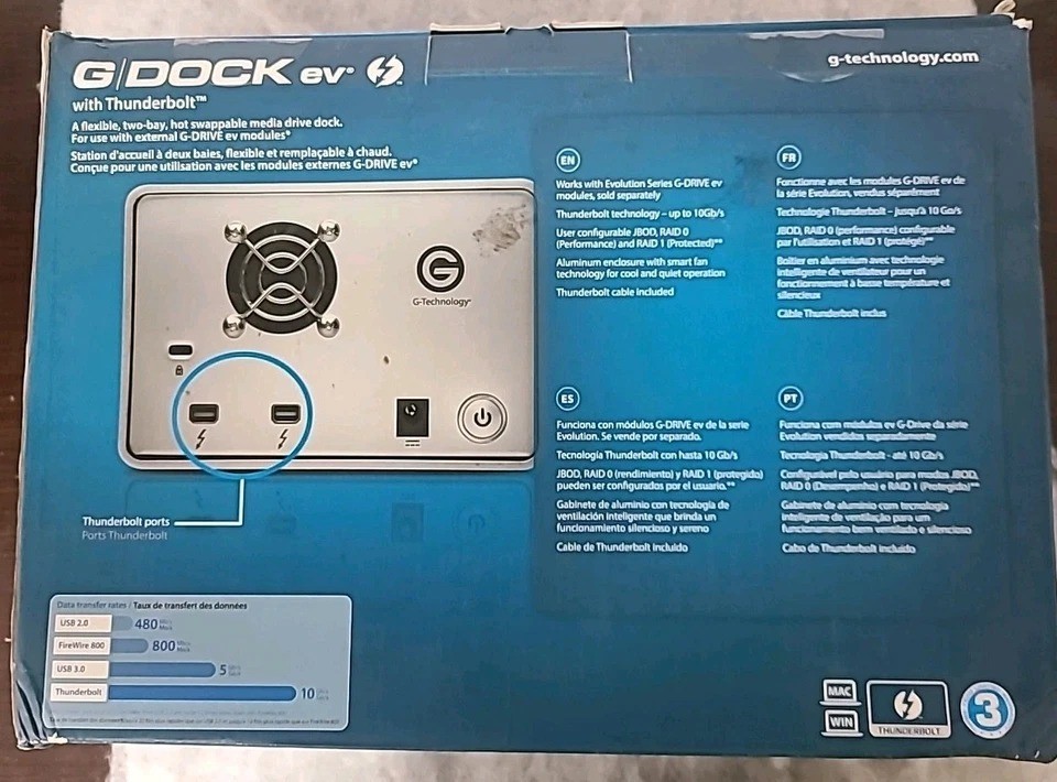 G-Technology G-DOCK EV Thunderbolt Raid Array w/2 - 1 TB USB-3 Drives & Manuals