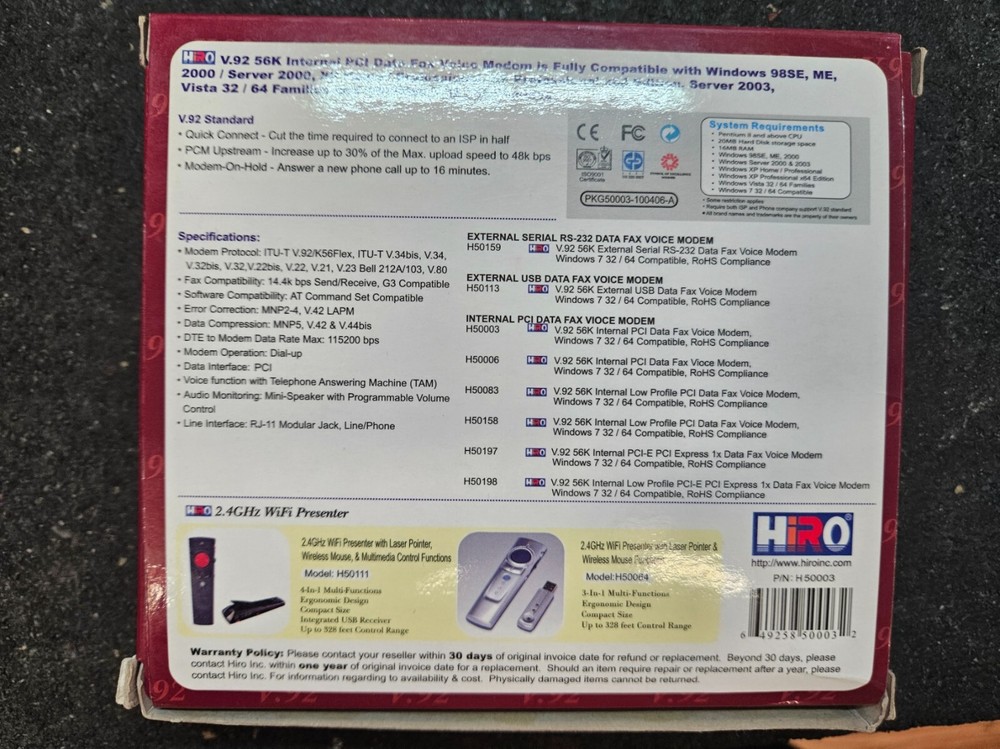 Hiro H50003 Data Fax Modem - Internal PCI Card