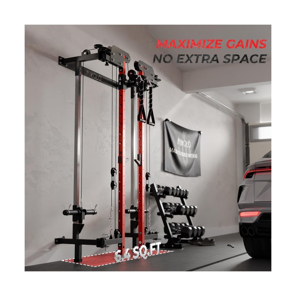 Mikolo Folding Squat Rack, Wall Mounted Power Rack with Cable Crossover Machi...