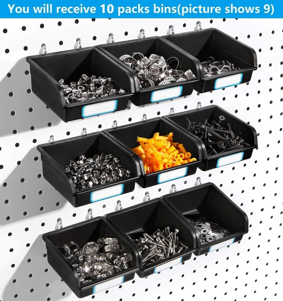 10-Pack Black Pegboard Bins with Metal Hooks & Labels - Durable Storage Solution
