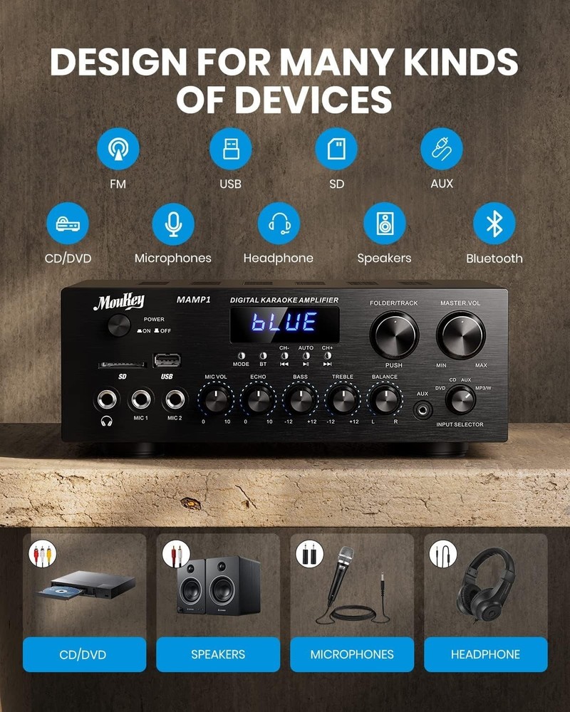 Compact 2.0 Channel Bluetooth Audio Amplifier & Karaoke System with LED Display