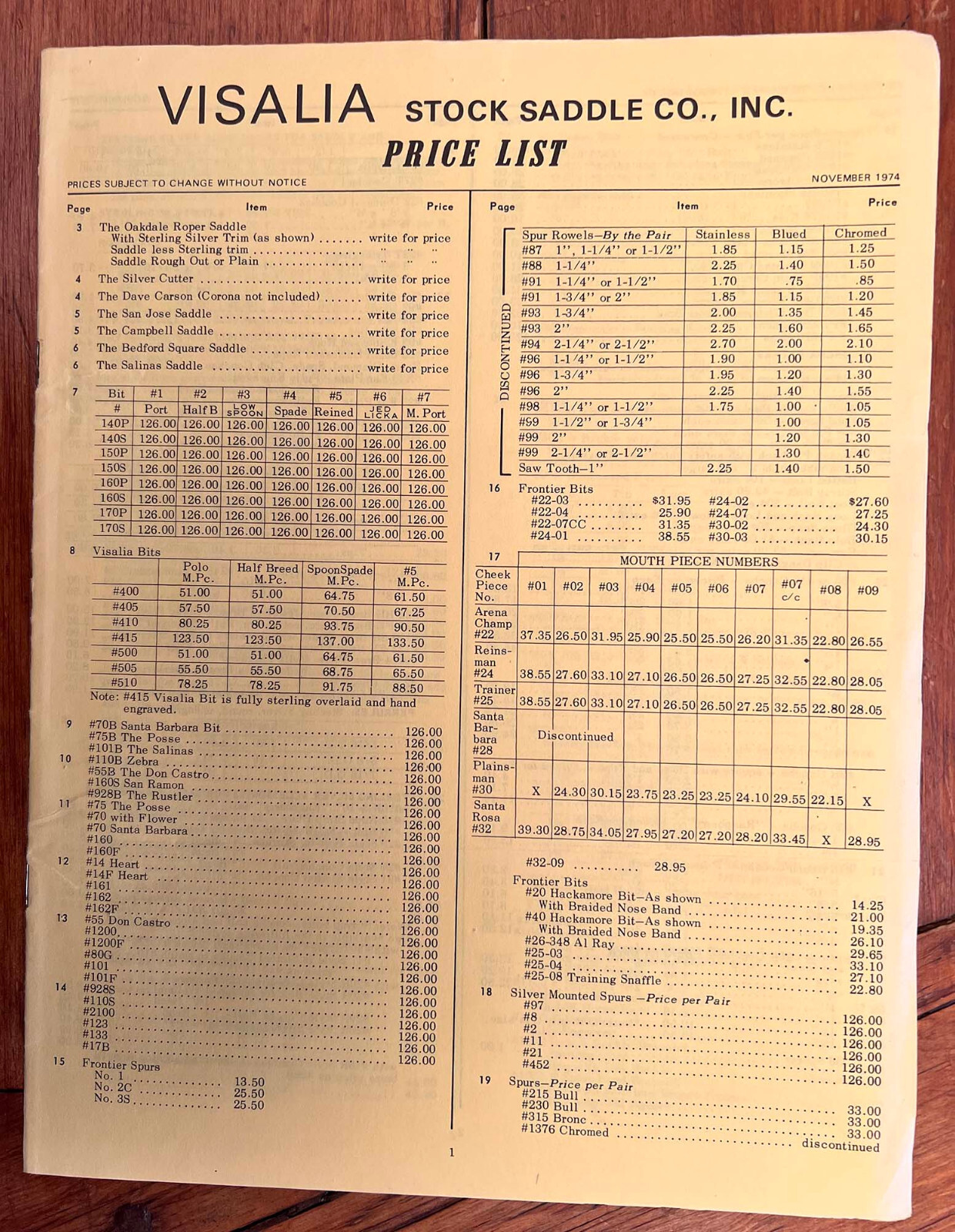 Nice Original 1974 VISALIA STOCK SADDLE CO Cowboy Saddle Catalog PRICE LIST ONLY