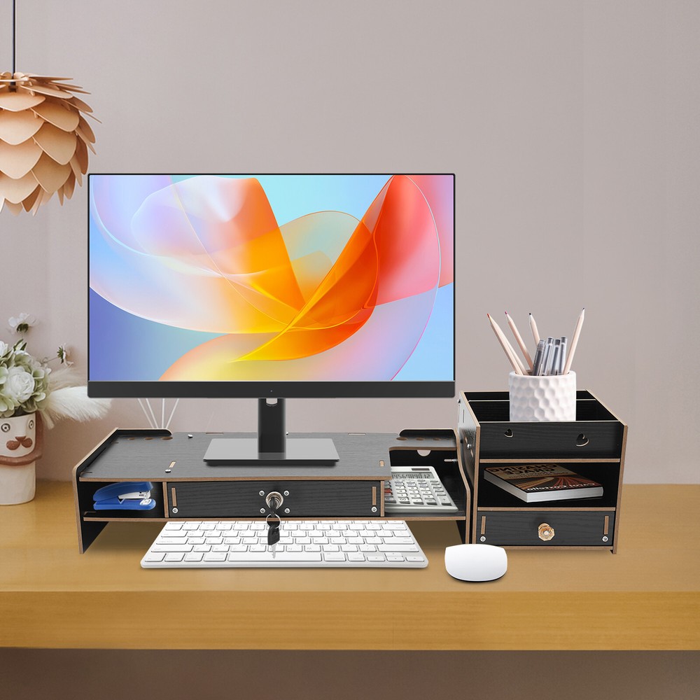 Monitor Stand Riser W/ Storage Organizer & Lock Drawer for Home Office Computer