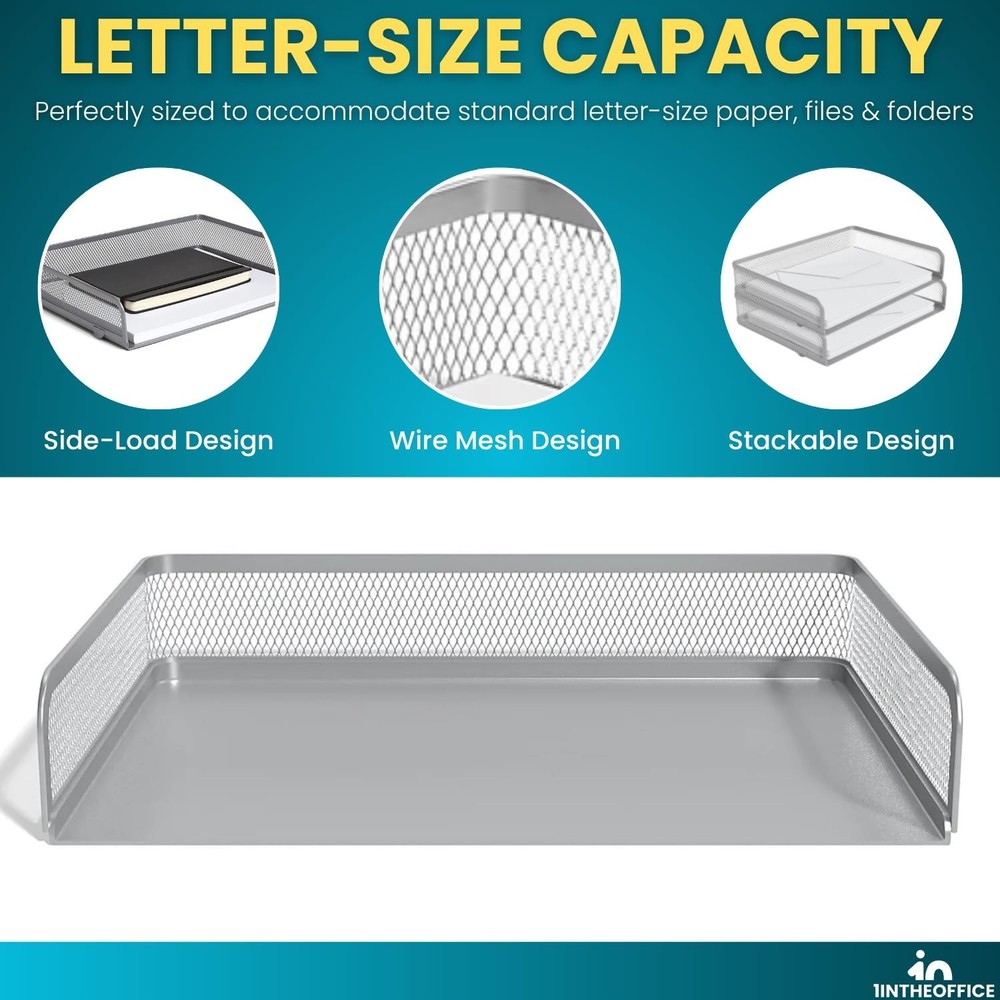 Stackable Side Load Letter Tray, Silver Wire Metal Mesh Paper Tray Organizer,...