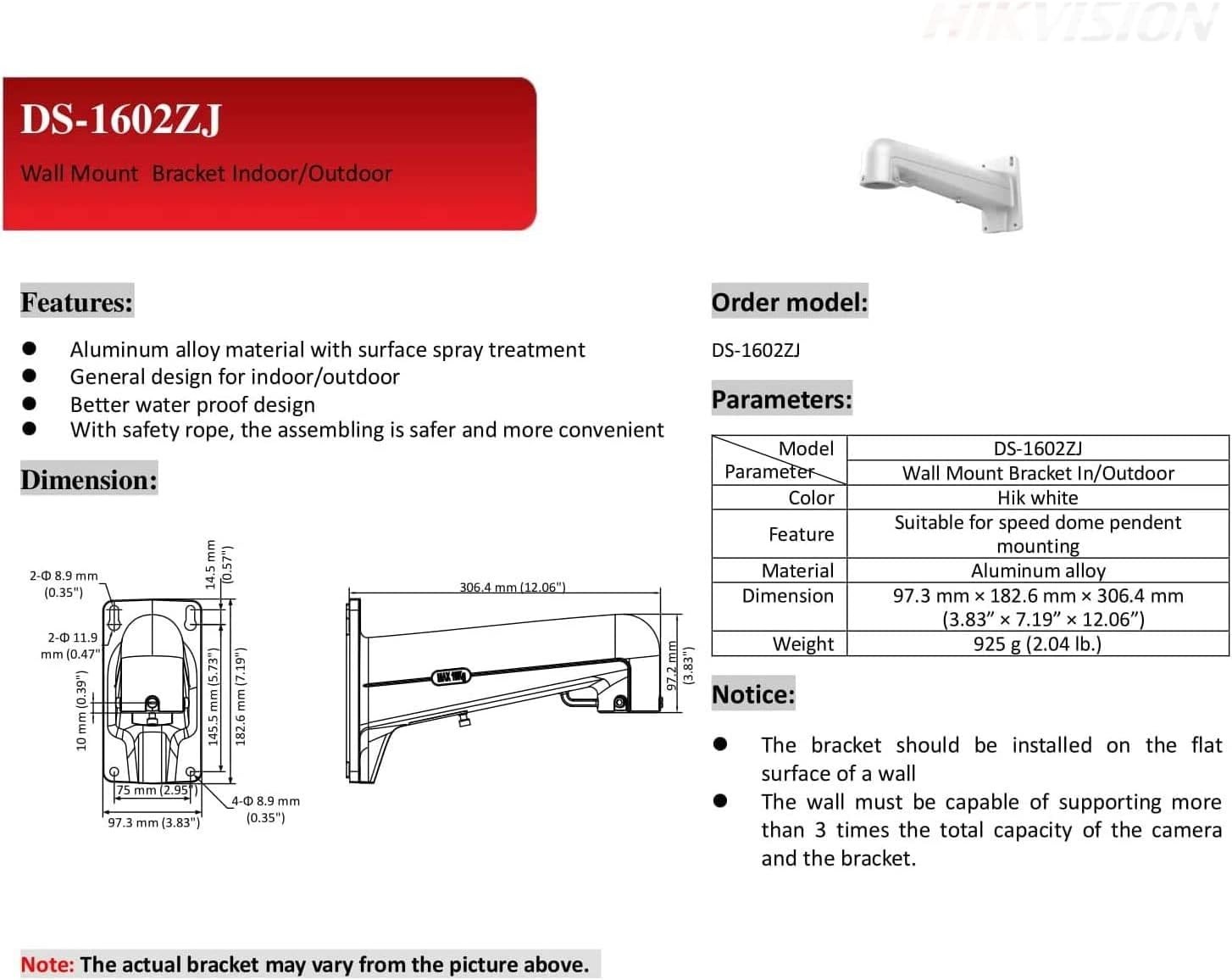 WMP-L LTB762N DS-1602ZJ Aluminum Wall Mount Bracket for Speed Dome PTZ Cameras