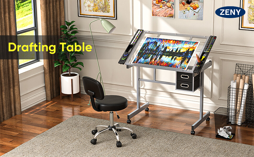 Rolling Drawing Drafting Table Tempered Glass Desktop Saving Space for Work