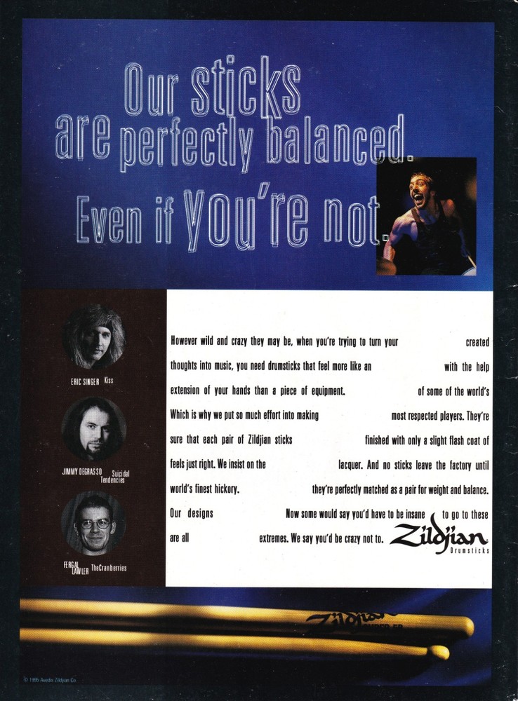 KISS ERIC SINGER-ZILDJIAN DRUMSTICKS-1995 PROMO 8X11 PRINT AD ADVERT MINI-POSTER