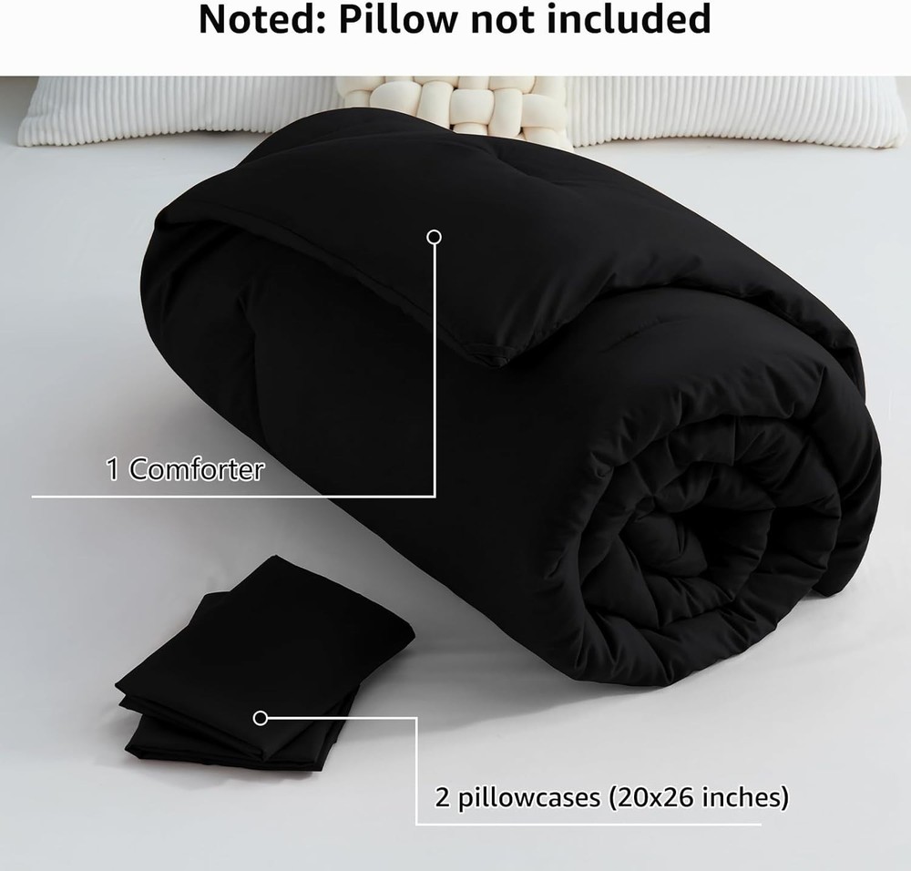 Queen Comforter Set Black, 3 Pieces Solid Queen Comforter Breathable Quilted ...