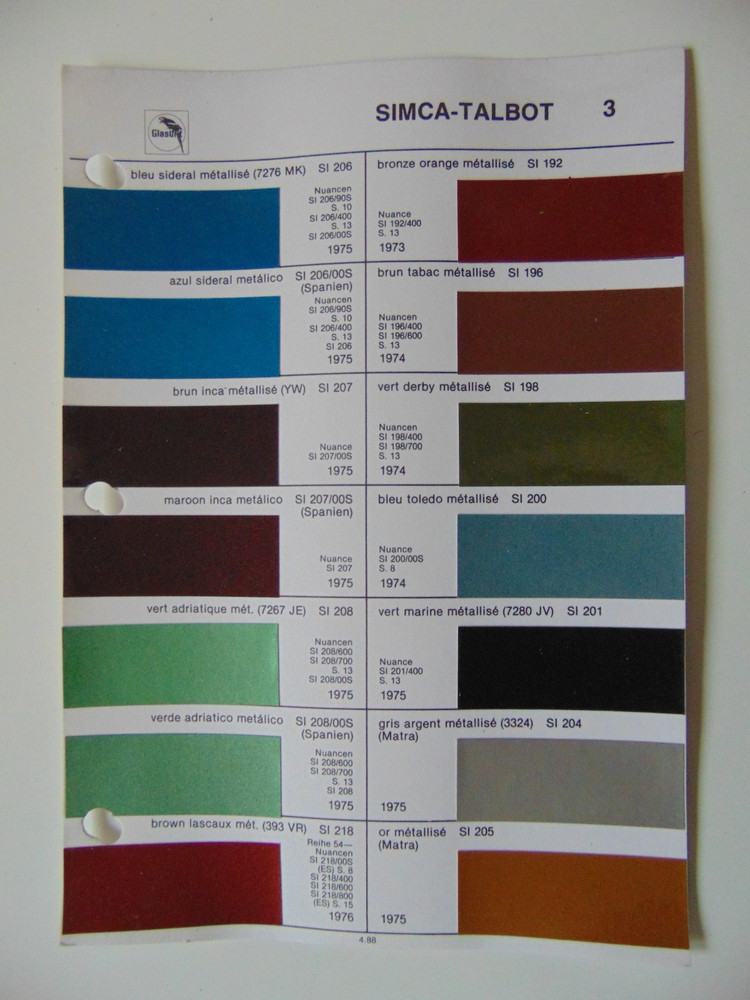 Original Glasurit Simca-Talbot Paint Chips Sheet - 1973-1976