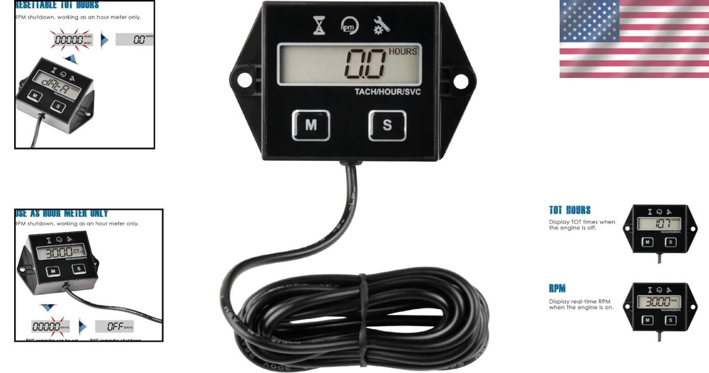 Programmable Digital Hour Meter & RPM Tachometer for Generators and Snowmobiles