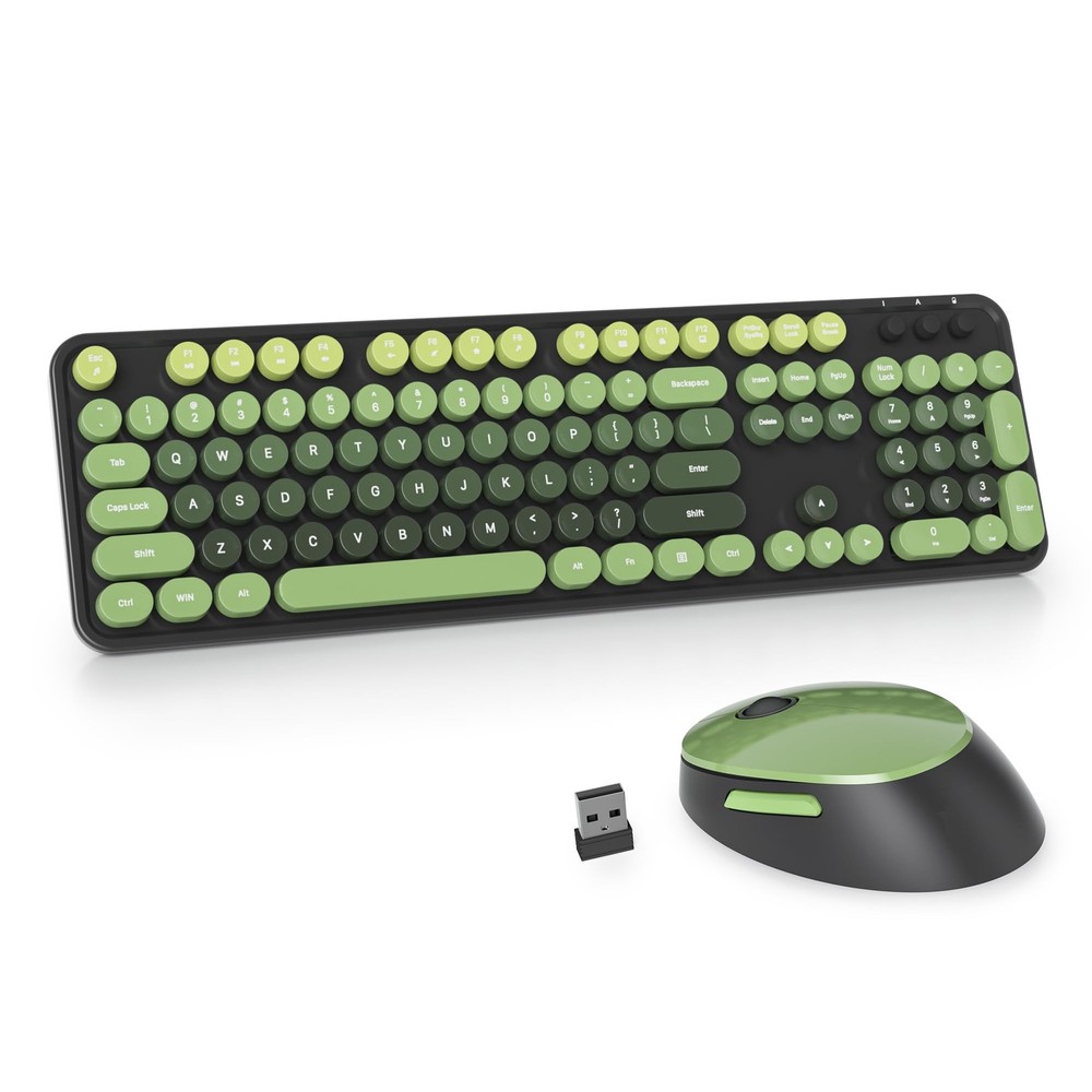 Black Green Keyboard And Mouse Wireless Retro Typewriter Round Keycaps Cute