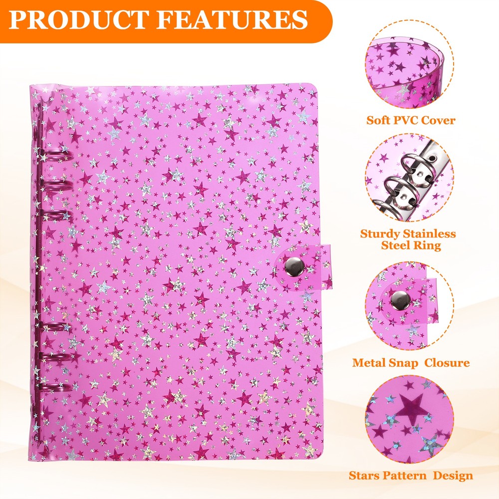 A5 Binder Cover, 2 Pcs Stars Refillable Notebook Shell with Snap Button, Pink