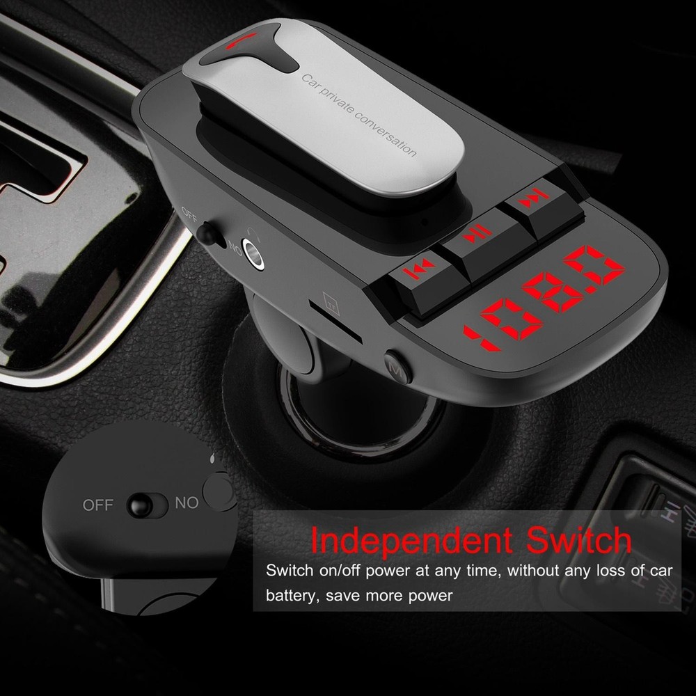 Car FM Transmitter w/ Wireless Earpiece 2 USB Charge Ports Hands-free Call MP3