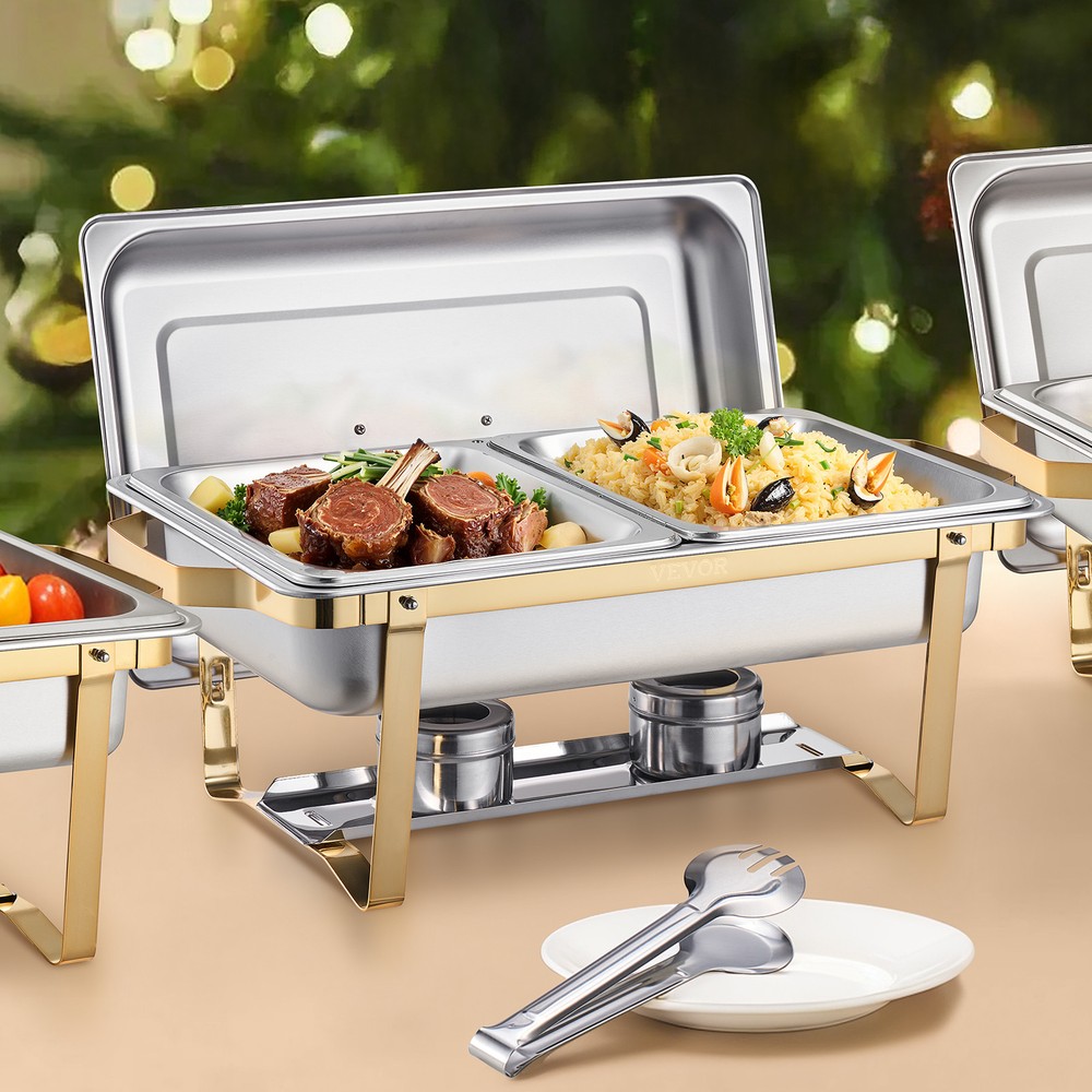 VEVOR 8 Qt 4 Pack Rectangle Chafing Dish Buffet Set Full-Size & Half-Size Gold
