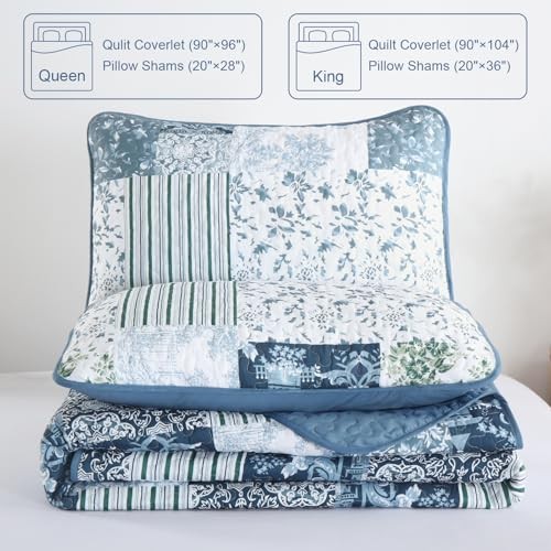 Patchwork Pattern Quilt Set Size Plaid Reversible Bedspread Coverlet Queen Blue