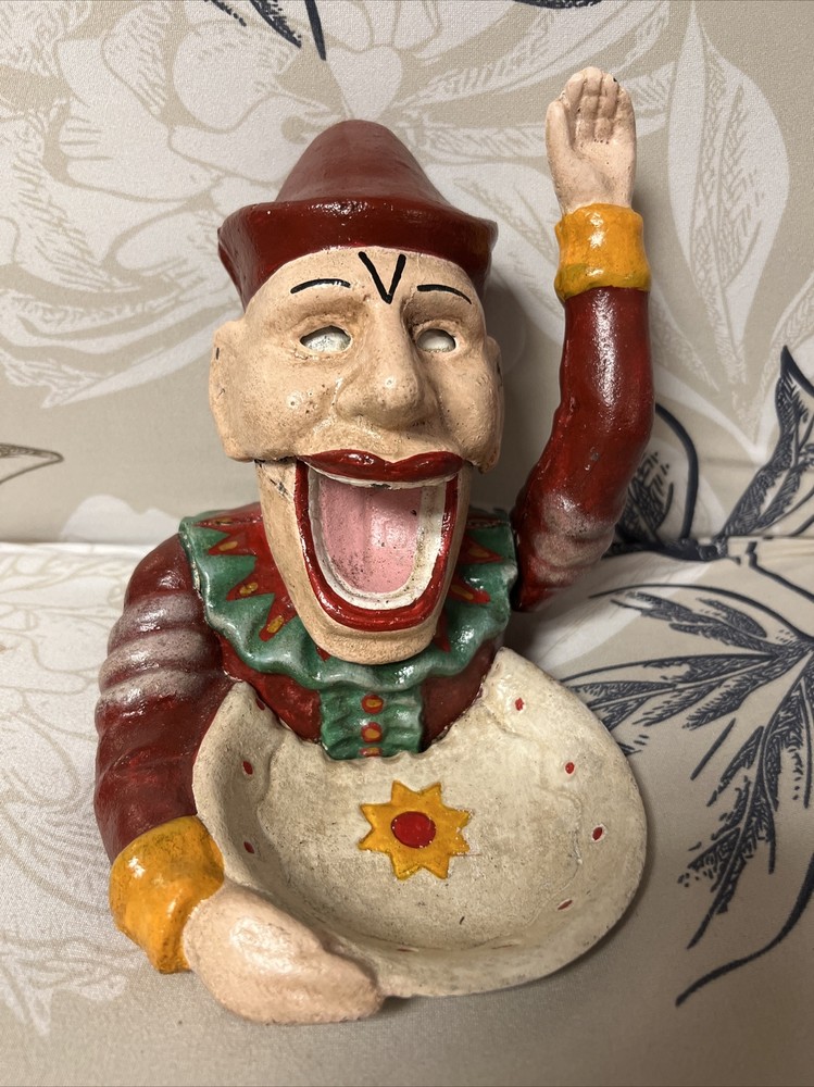 Cast Iron Jolly Jester Clown Mechanical Nutcracker with Shell Dish Antique