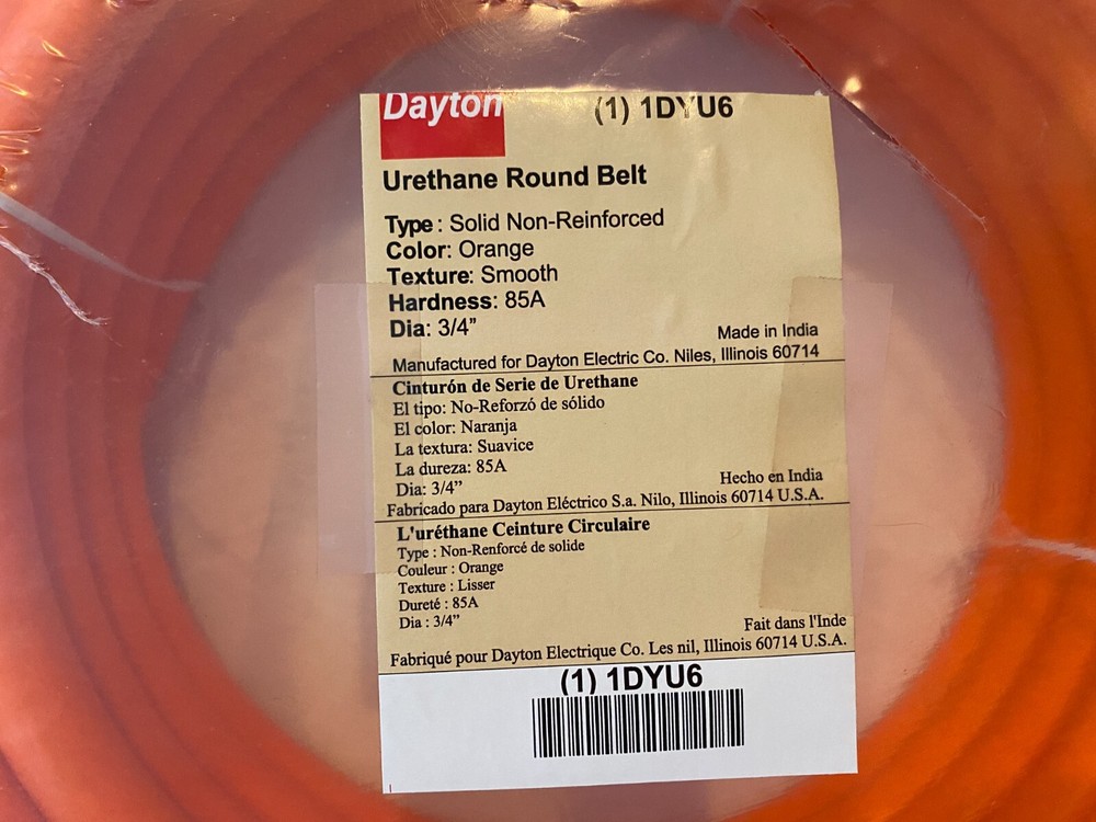 DAYTON 3/4" x 50' Urethane Round Belt - Solid Core - Smooth - Orange - 85A -