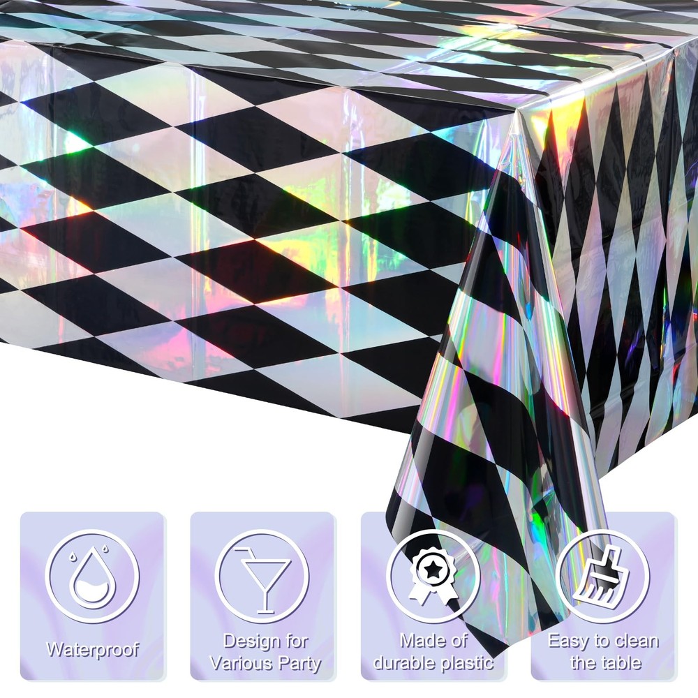 6 Pack Black and Iridescent Diamond Checkered Plastic Tablecloths, Black Ging...