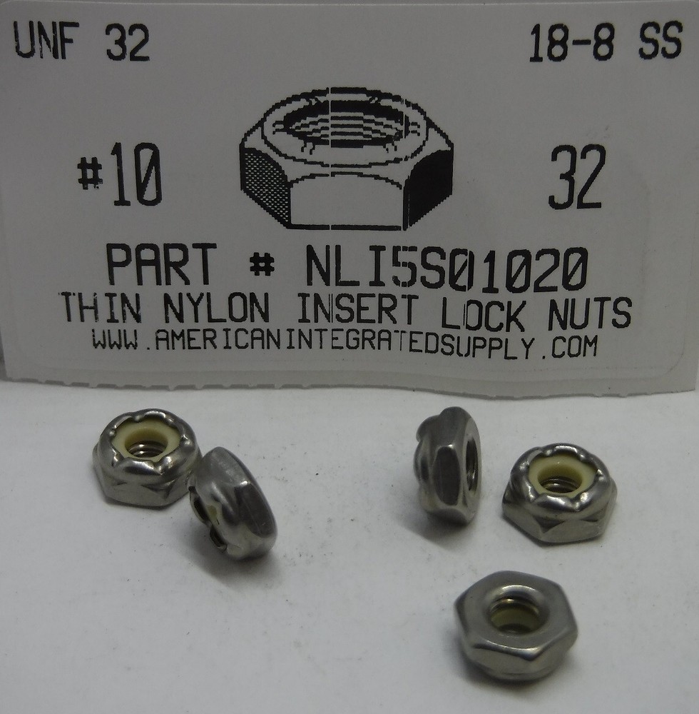 #10-32 THIN NYLON INSERT LOCK NUTS 18-8 STAINLESS STEEL (25)