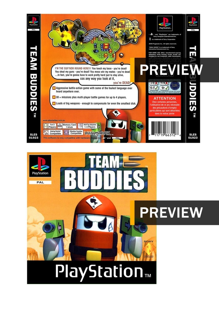 Team Buddies PlayStation PS1 Replacement Inlay Covers Front Back