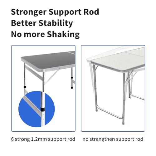 Camping Table Folding Table Large 3 Adjustable Height Portable 6FT Black