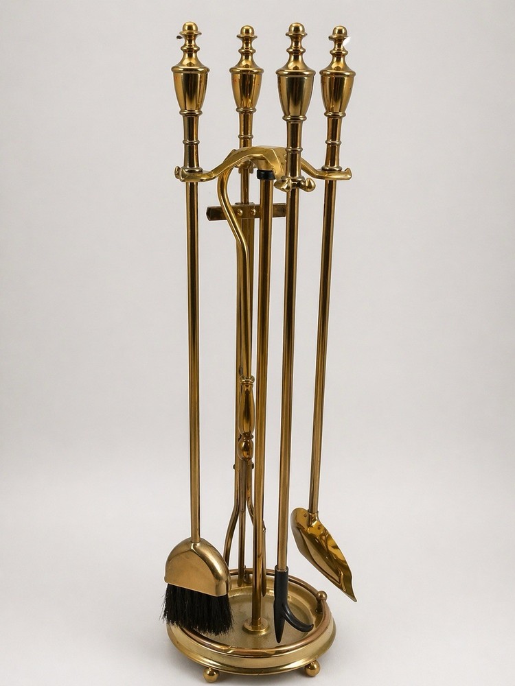 Vintage Polished Heavy Solid Brass Fireplace 5 Piece Tool Set 31in