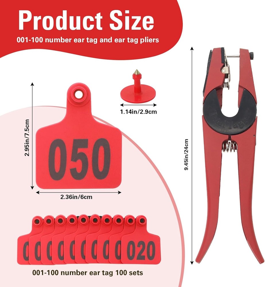 Numbered Cattle Ear Tags 001 100 Red Applicator Kit