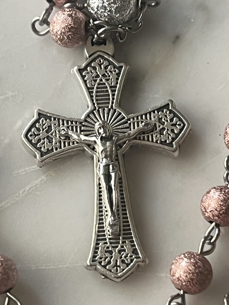 Handmade Fleur-de-lis Rose Gold/Silver Metallic Catholic Gift Rosary