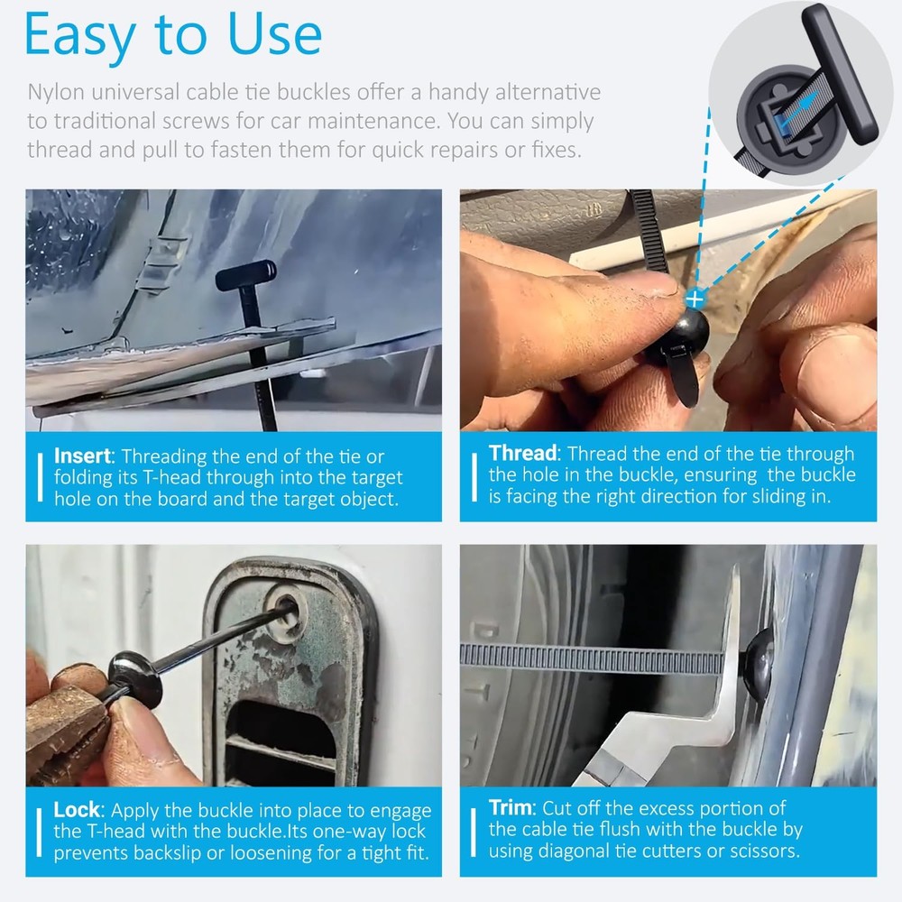 30PCS Nylon Universal Cable Tie Buckles, Multi-functional T Rivet Zip 30pcs