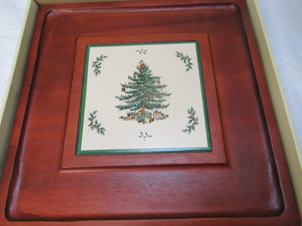 Spode Christmas tree design wooden & tile square cracker & cheese tray
