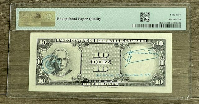 EL SALVADOR 1968 10 COLONES PMG 55 EPQ SERIE ZG VERY SCARCE PRINTED BY USBNC