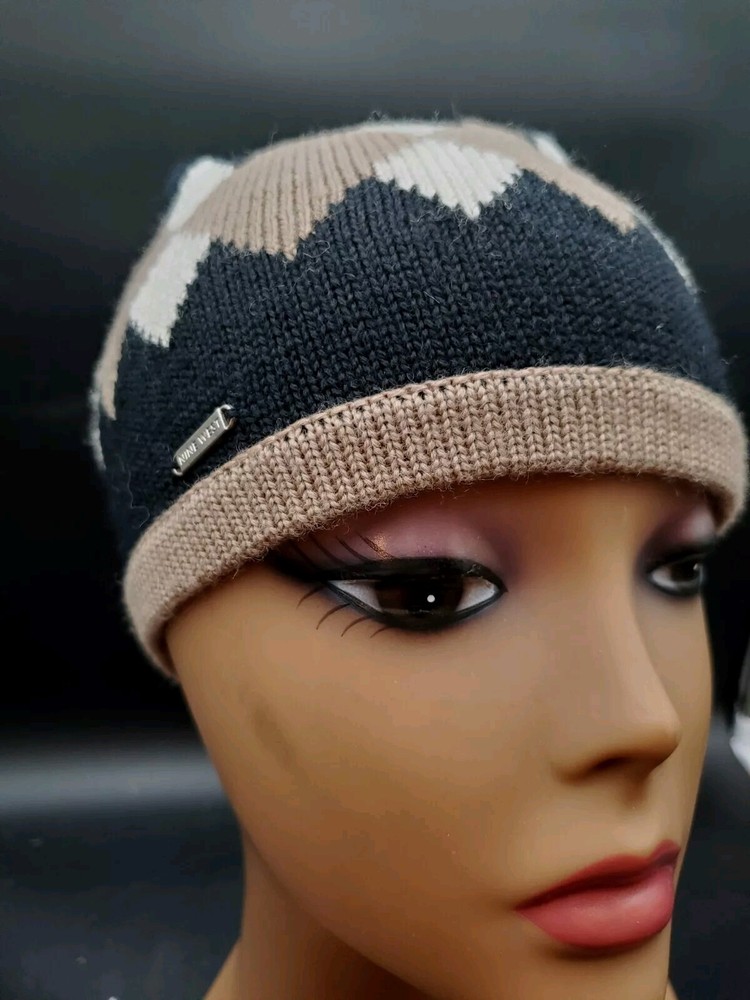 Nine West Argyle Tuque Knit Cap Hat Wool Blend One Size