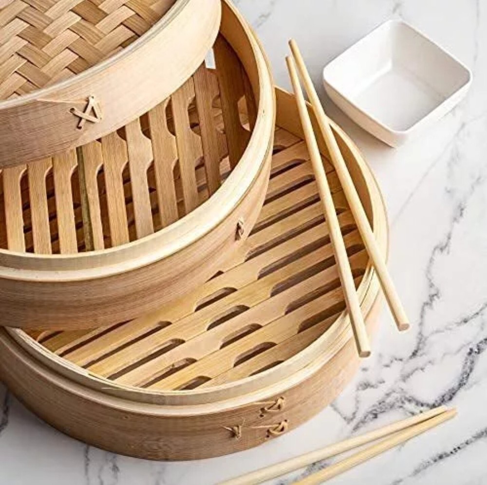 Prime Bamboo Steamer Basket 10 inch, Dumpling Maker, Vegetable Steam