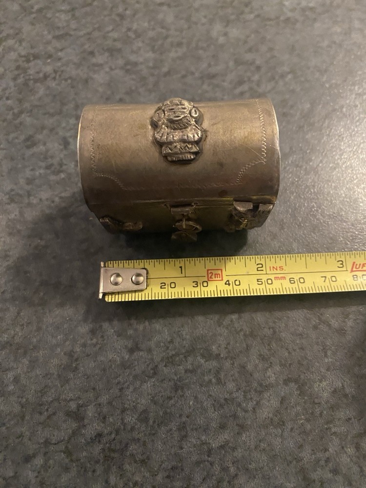 Antique Tiny Alpaca Silver Chest with embossed motifs & lock.