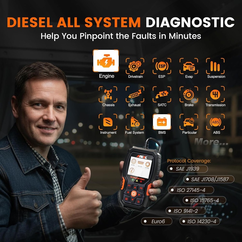 Heavy Duty Truck Scanner HD601 Diesel Diagnostic OBD2 Scan Tool & Code Reader