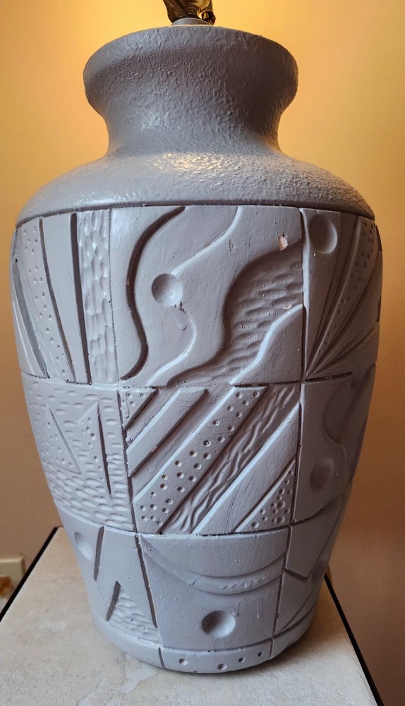 Postmodern Gray Ceramic Table Lamp Geometic Pattern 30" - See Pics