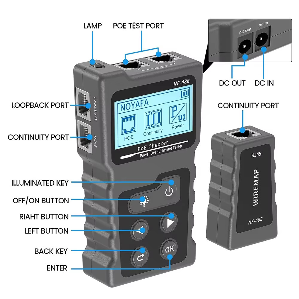 Noyafa PoE Checker Inline PoE Voltage&Current Tester NETWORK Cable Tester NF-488