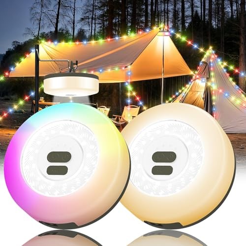 2Pack Camping String Lights, 4 in 1 Quick Storage 32.8FT 2PACK Warm & RGB