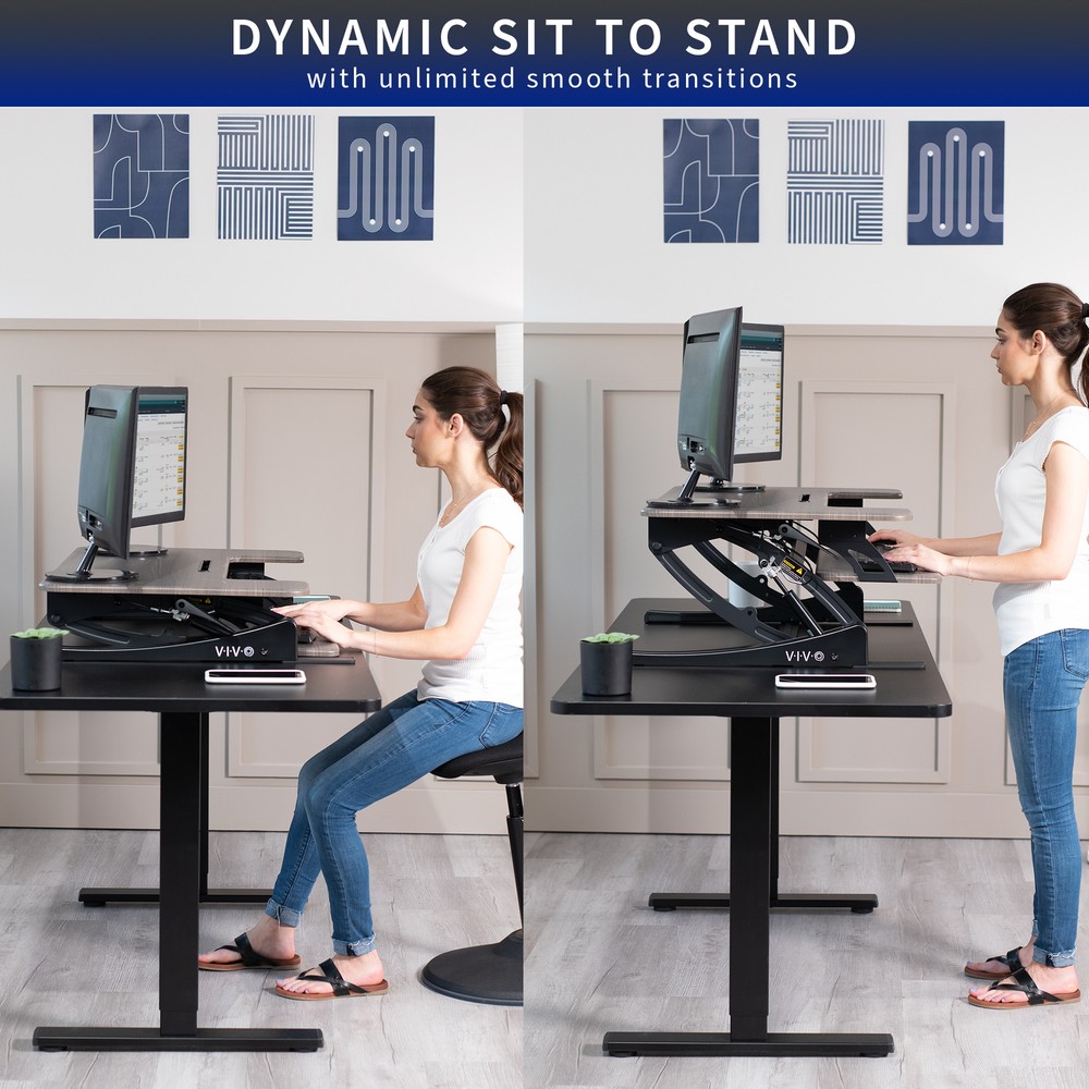 VIVO Gray Height Adjustable Standing Desk Riser, Tabletop Sit-Stand, Black Frame